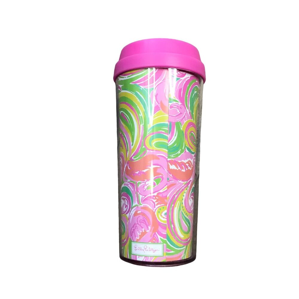 Lilly Pulitzer All Nighter Tumbler Travel Mug Cup Screw Lid Pink Flamingos 16oz.